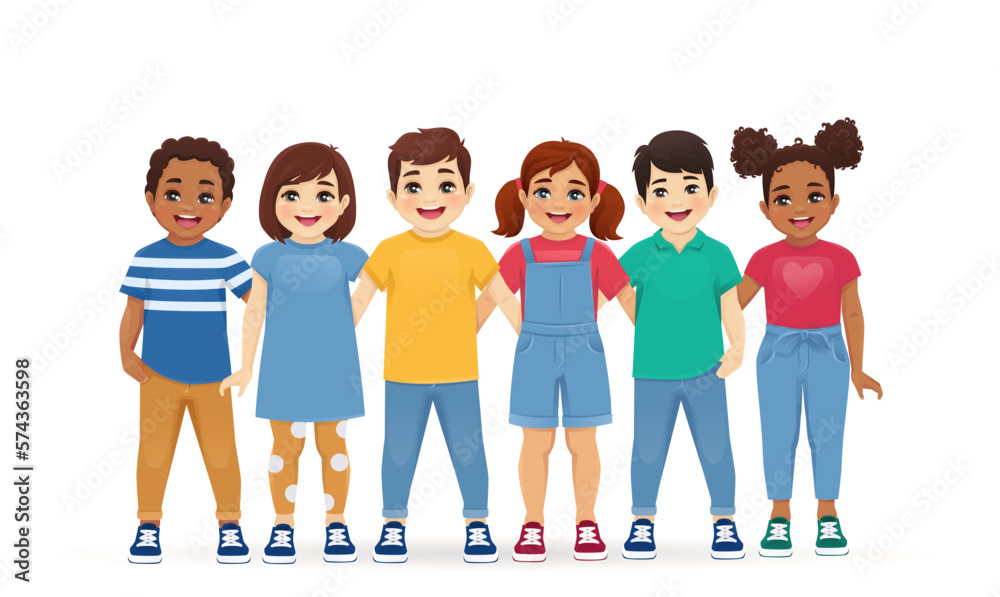 Fototapeta premium Multiethnic friends. Different kids boys and girls standing hugging together isolated vector illustration