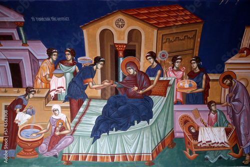 Kykkos monastery, Cyprus. Fresco. Saint Ann giving birth to Mary.