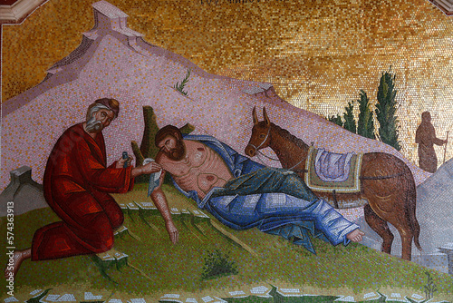 Kykkos monastery, Cyprus. Mosaic. Good Samaritan. photo