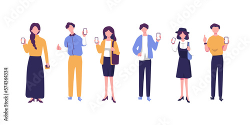 people holding smartphone displays with apps flat vector illustrations isolated on white background