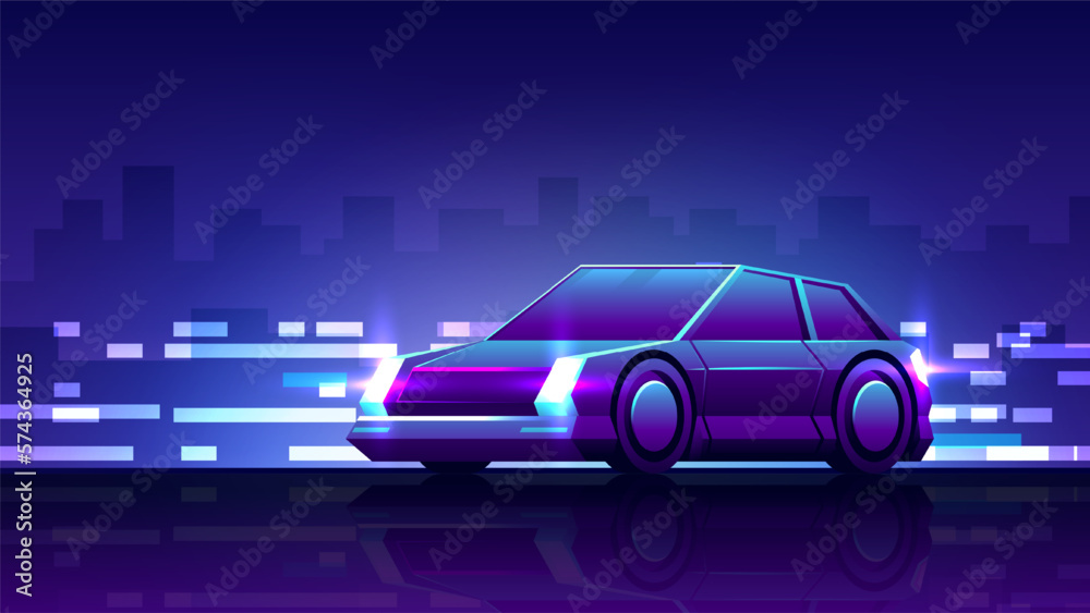 A hatchback car rides on the road side view. Nightlife horizontal illustration.