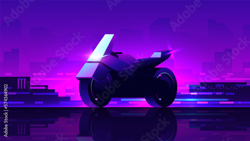 Dark silhouette of futuristic cyberpunk motorcycle on abstract night city background.