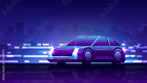 A hatchback car rides on the road side view. Nightlife horizontal illustration.