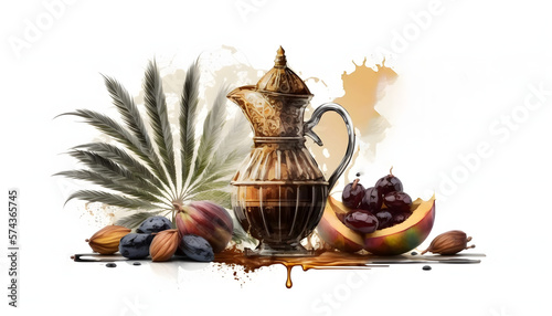 Fotografia Arabic date fruit, coffee pot, and rosary beads, figs, palm isolated on white ba