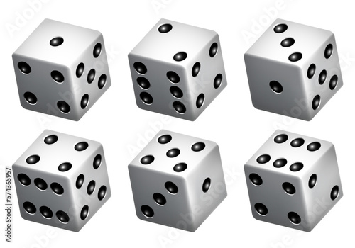 White dice with black dots. Vector set isolated on white background. 3d dice.