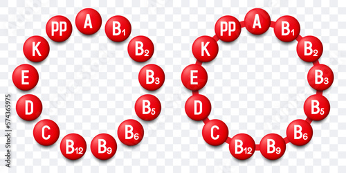 Vitamins. Red round icons with names of vitamins. Vitamins in a circle. Vector clipart.