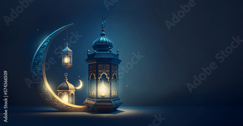 Billede på lærred Lanterns stands in the desert at night sky, lantern islamic Mosque, crescent moo