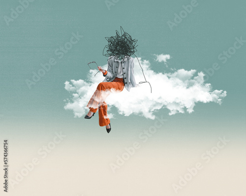 Creative design in retro style. Contemporary art collage. Woman sitting on fluffy cloud with tangled head. Conversation. Concept of surrealism, creativity, inspiration, imagination, psychology