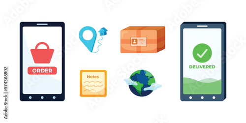 Order shopping online,delivery service process , Receive orders at the pick-up point,parcel box,paper notes,earth,Confirm online orders via phone application.Simple set of online shop market vector.