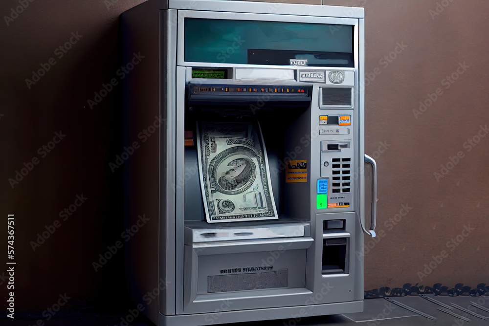 Withdrawing dollars from ATM, realistic. Generative Ai Withdrawing dollars from ATM, realistic. Generative Ai