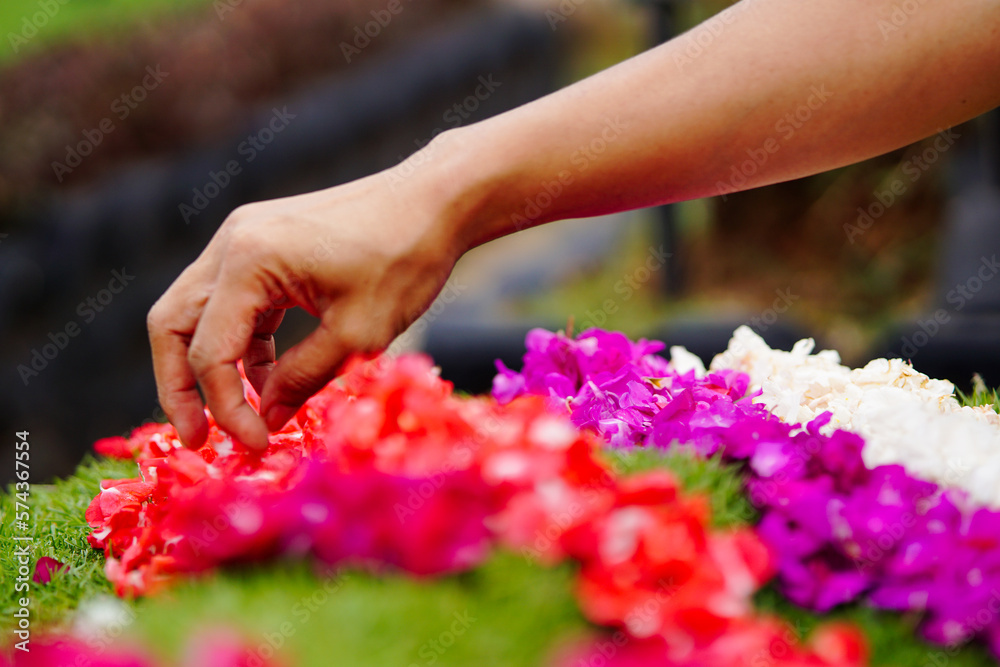 Woman sowing red, white, and purple flowers on top of green grass in the tomb while visiting deceased family members in sunny day Woman sowing red, white, and purple flowers on top of green grass in the tomb while visiting deceased family members in sunny day