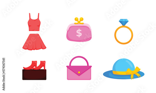 Red top and skirt set, pink purse, big diamond ring, red high heels, pink handbag, blue fashion hat with yellow ribbon.Fashion modern women clothes set. Casual female garments and accessories.