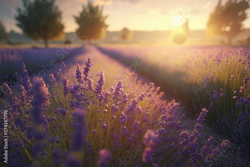 Beautiful lavender field at sunset landscape. Generative AI