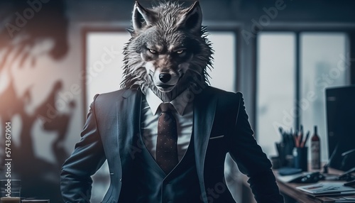 Big Bad Wolf Business worker. Metaphor for all powerful mean businessman, lawyer. Demanding Agressive Angry Boss. Power. Generative AI.