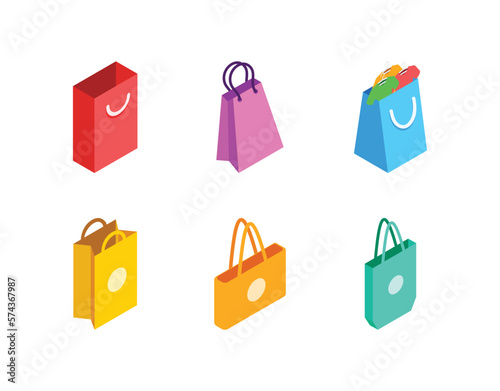 Red shopping Bag,Pink shopping bag ,Blue shopping bag with t-shirt products,Yellow shopping bag,Orange shopping bag with circle pattern,Green shopping bag with circle pattern,package for purchases.