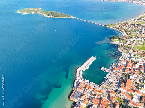 Fototapeta Naklejka Na Ścianę i Meble -  Urla Cesmealti aerial view with drone. Turkey's touristic seaside town in the Aegean; Urla - Cesmealti.