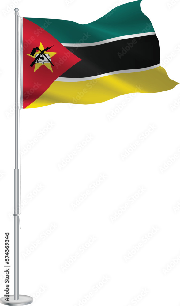 Isolated waving national flag of Mozambique on flagpole Isolated waving national flag of Mozambique on flagpole