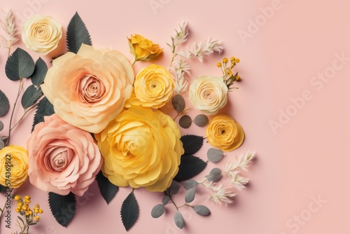 Beautiful composition spring flowers. Roses on flat Lay with Copy Space for Text for Women s Day  Valentine s Day   Mother s Day. Generative AI.