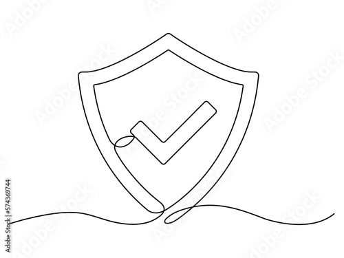 Shield with checkmark continuous line art. Protect linear symbol. Guard hand drawing sign. Vector isolated on white.