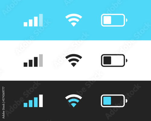 Indicators icons set. Network,internet,wi-fi,connection, battery, charge level, connection, blue, white, black background, set, operating system, smartphone, design. Concept design.Vector illustration