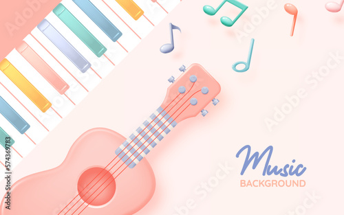 Guitar or Ukulele with Music notes, song, melody or tune 3d realistic vector