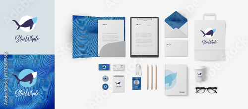 Blue logo with whale and bright relief pattern. Corporate identity mockup set for branding company. Folder and business cards, bag and envelope, A4 form and ID badge. Can be used for swimming pool.