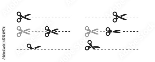 Cut icons set. Fabric, a place for a cut, a dotted line, scissors, a hint, an index,pattern, seamstress,applications, diagram, an instruction,markup,coupon. Concept designation. Vector illustration
