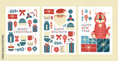Collection of different Christmas and New Year cards.Card template with toys, floral elements, gifts, candy, mistletoe, pine branch and Tiger symbol 2022 year. Celebration Happy New Year 2022.