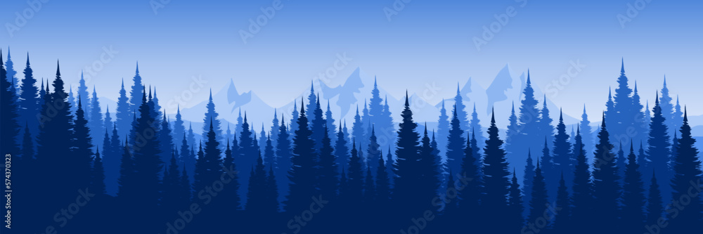 sunrise morning mountain with pine tree silhouette flat design vector ...