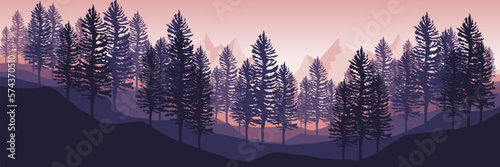 sunrise morning mountain with pine tree silhouette flat design vector banner template good for web banner, ads banner, tourism banner, wallpaper, background template, and adventure design backdrop