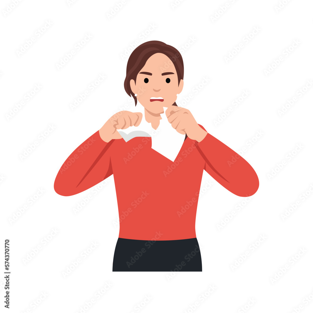 Furious businesswoman tearing paper with graphic or chart downturn stressed with business company failure. Mad woman employee distressed with bankruptcy or crisis. Flat vector illustration Furious businesswoman tearing paper with graphic or chart downturn stressed with business company failure. Mad woman employee distressed with bankruptcy or crisis. Flat vector illustration