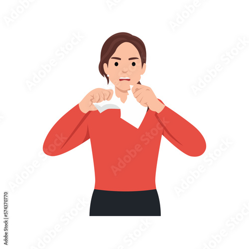 Furious businesswoman tearing paper with graphic or chart downturn stressed with business company failure. Mad woman employee distressed with bankruptcy or crisis. Flat vector illustration 