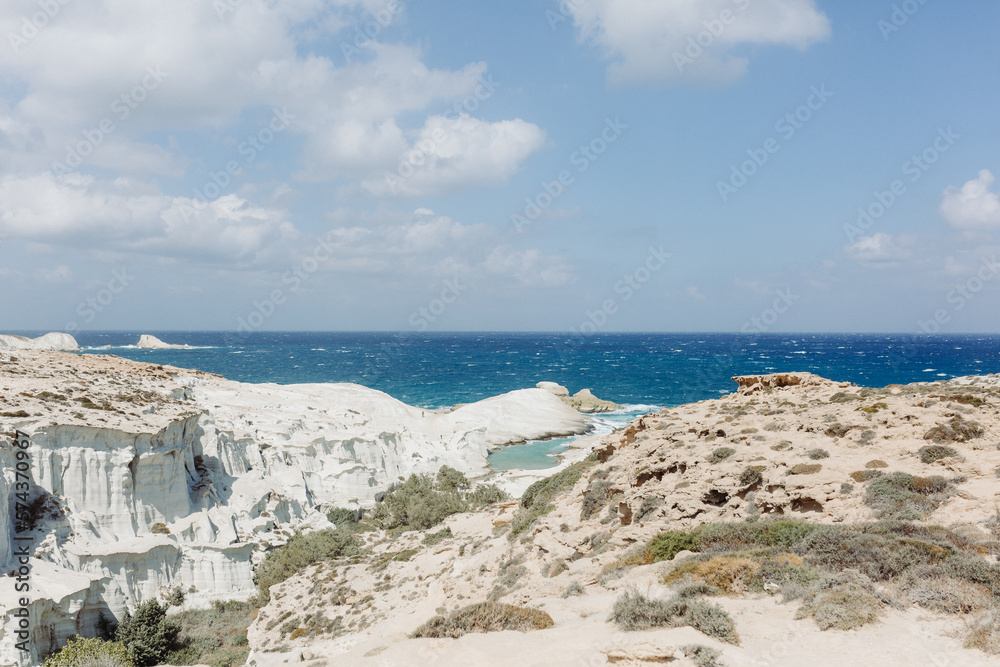 View from Sarakiniko Beach on Milos Island in Greece