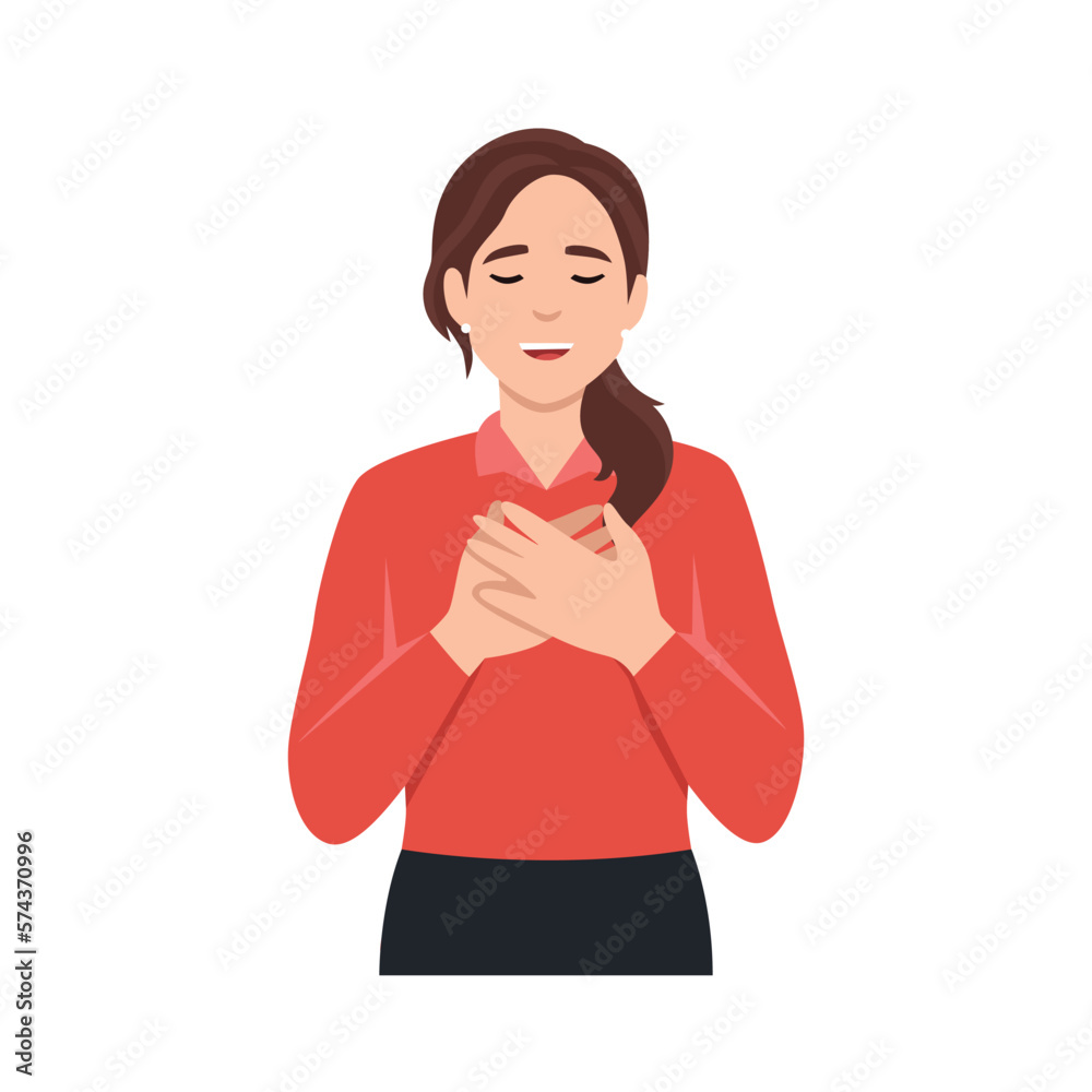 Touched positive woman with pleased expression keeps hands on chest, feels gratitude, impressed by good words of gratitude. Flat vector illustration isolated on white background Touched positive woman with pleased expression keeps hands on chest, feels gratitude, impressed by good words of gratitude. Flat vector illustration isolated on white background