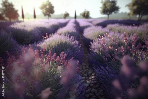 Beautiful lavender field at sunset landscape. Generative AI