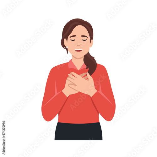 Touched positive woman with pleased expression keeps hands on chest, feels gratitude, impressed by good words of gratitude. Flat vector illustration isolated on white background