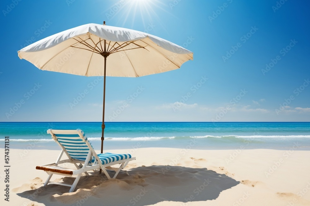 Sunbed for relaxation and umbrella for sun protection. Beach scene with relaxing mood. Generative AI Sunbed for relaxation and umbrella for sun protection. Beach scene with relaxing mood. Generative AI