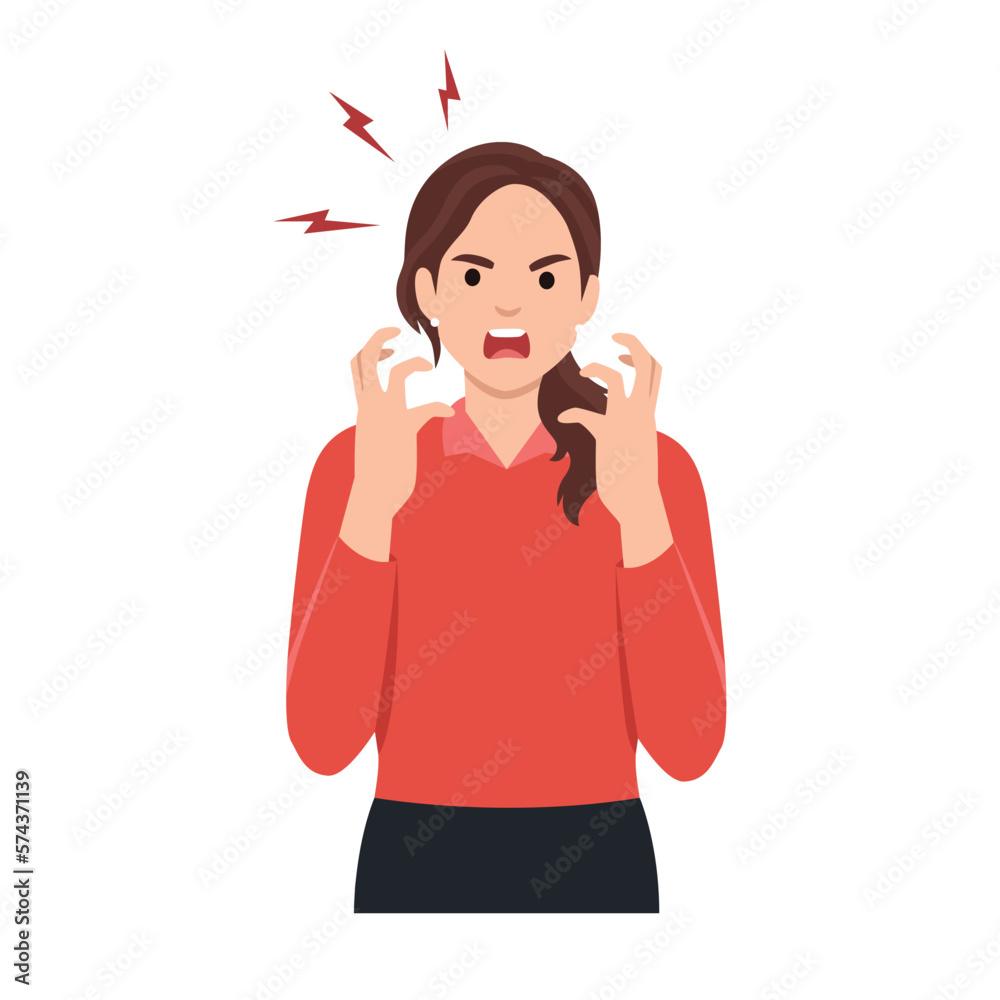 Young woman get angry and scream. Flat vector illustration isolated on white background Young woman get angry and scream. Flat vector illustration isolated on white background