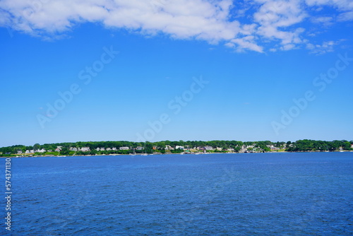 Landscape of Portland harbor, fore river, and Casco Bay and islands, Portland, Maine 