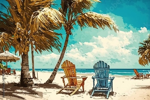 Sun loungers on the sand near the sea and palm trees. Inspirational tropical landscape. Generative AI © Yauheni