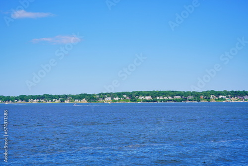 Landscape of Portland harbor, fore river, and Casco Bay and islands, Portland, Maine