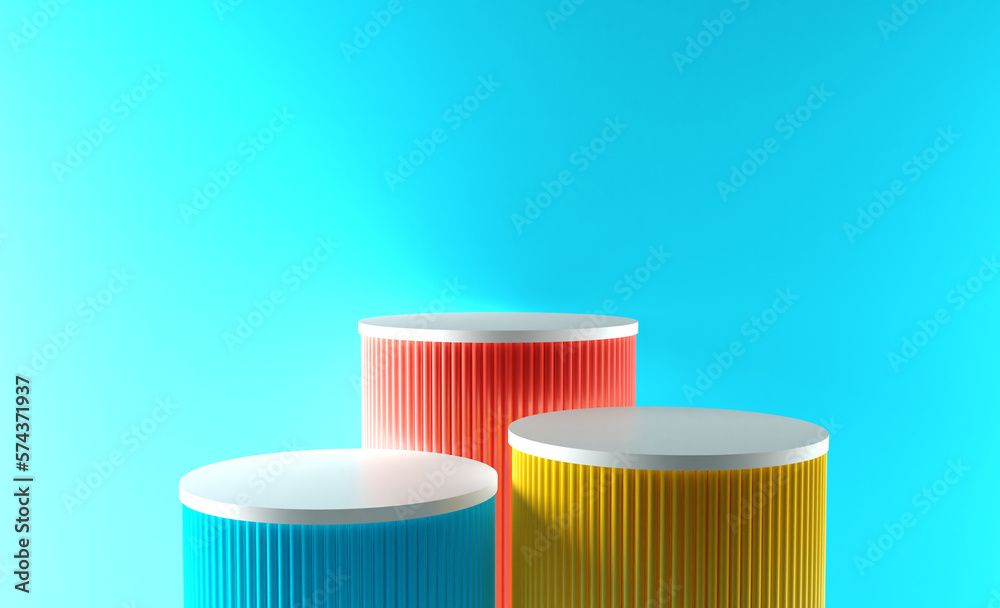 Abstract 3D room with set of steps realistic red, yellow and blue color ...