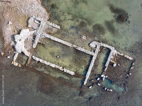 Fototapeta Naklejka Na Ścianę i Meble -  Aerial view Aziz Neophytos Basilica (After Isa 740) under Iznik lake in Bursa, Turkey.