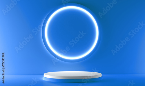 Blue realistic 3d cylinder stand podium with glowing blue neon in circle shape. Abstract 3D Rendering geometric forms. Minimal scene. Stage showcase, Mockup product display.