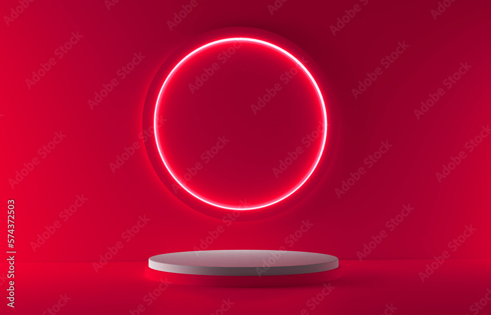 Red realistic 3d cylinder stand podium with glowing neon in circle shape. Abstract 3D Rendering rendering geometric forms. Minimal scene. Stage showcase, Mockup product display.