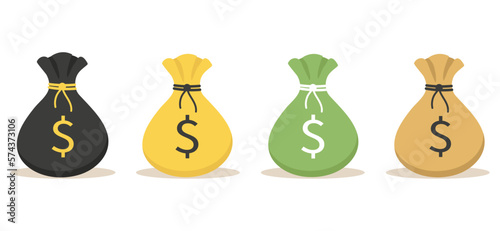 Four different money bag illustrations. Black, yellow, green, and brown bags with drawstrings. Vector illustration in a flat style on a white background. 