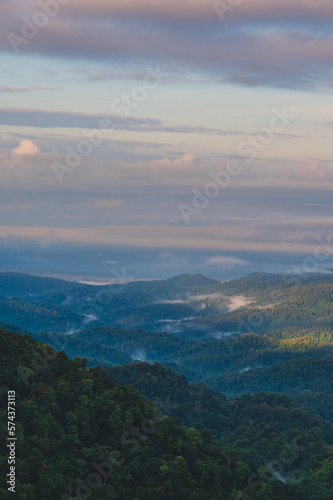 Sunrise view and layers mountain with sea of mist at rural area chiangmai.Chiang Mai sometimes written as Chiengmai or Chiangmai, is the largest city in northern Thailand
