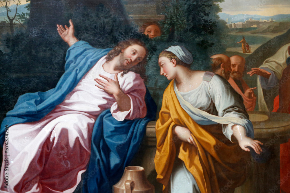 Abbaye-aux-Dames, Caen. Painting depicting the Samaritan woman at Jacob's well by Rethou (18th century). France.