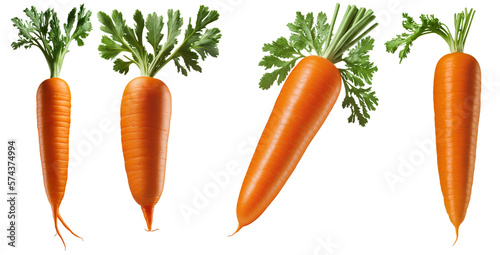 four different beautiful orange carrots with foliage on a transparent background, Generative AI