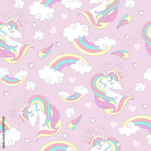 Seamless pattern with unicorns and magic elements vector